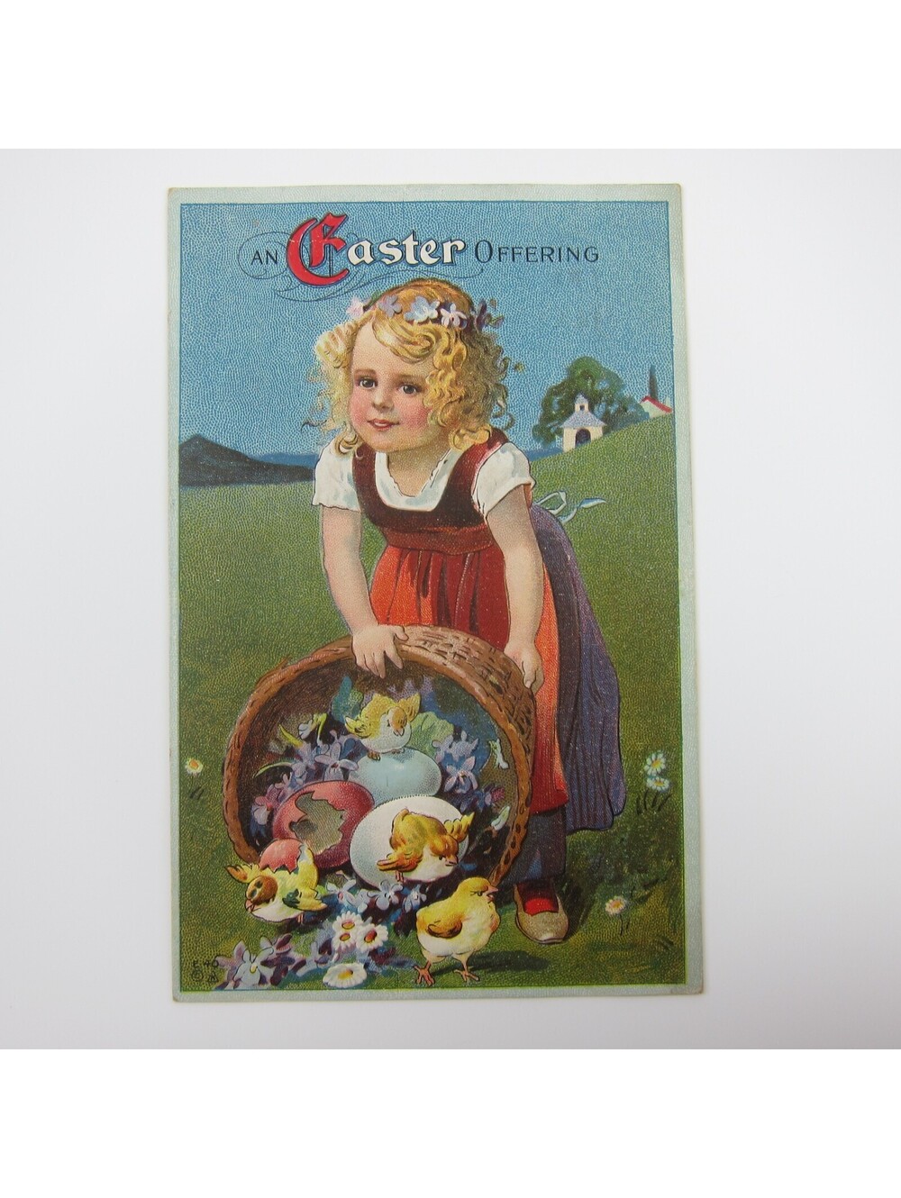 Easter Postcard Girl Yellow Chicks Hatch Egg Flower Basket Embossed Antique 1915